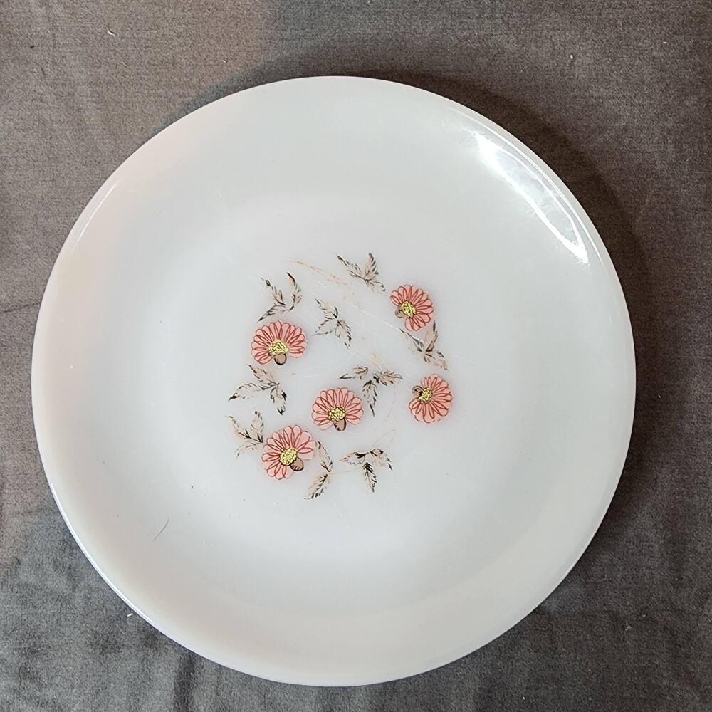 Vintage 1950s Fire King Pink Fleurette Milk White Glass Old 7.25" dia Side Plate